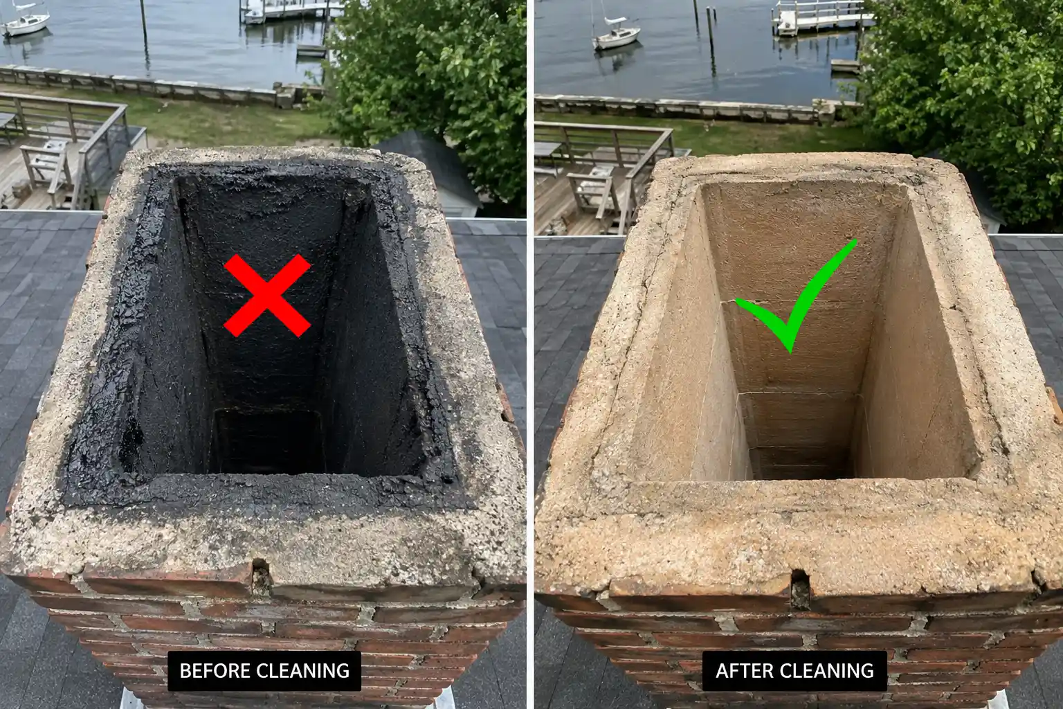Before and after chimney sweep in Annapolis Historic District — heavy creosote removed