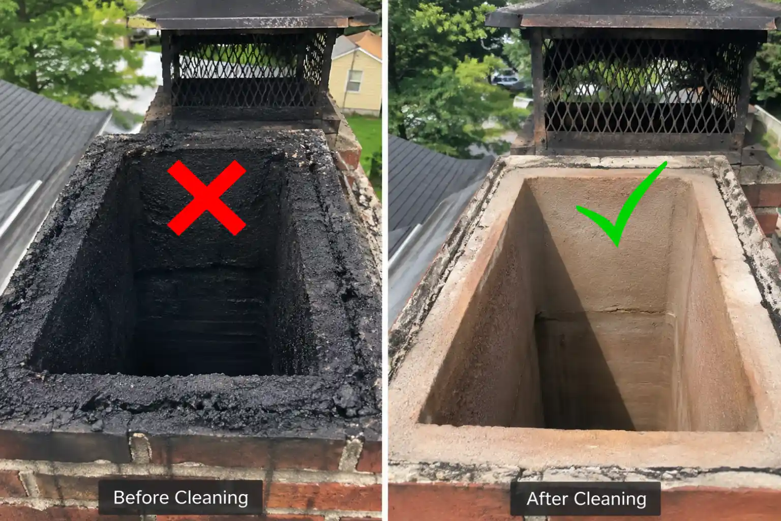 Before and after chimney cleaning in Eastport waterfront home